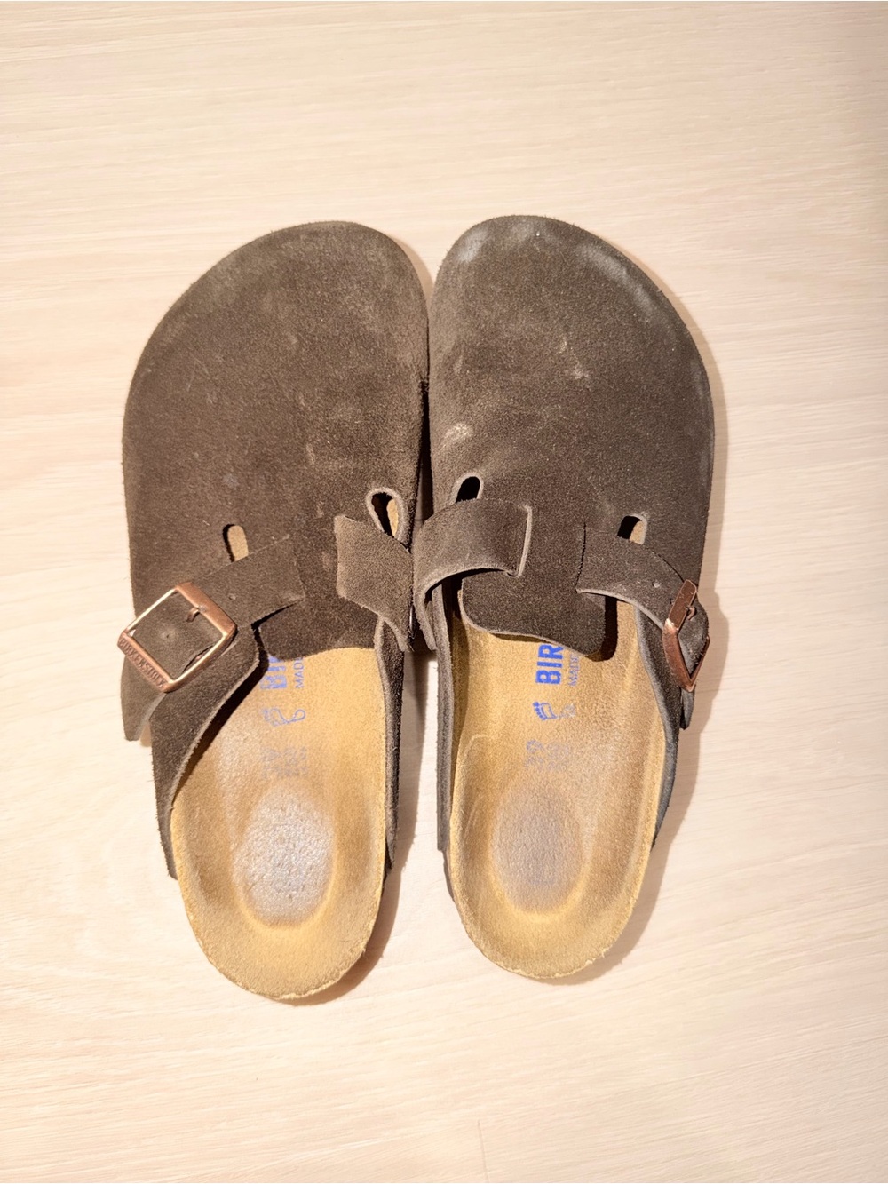 Birkenstock Brown Suede Boston Clogs with Copper Buckle